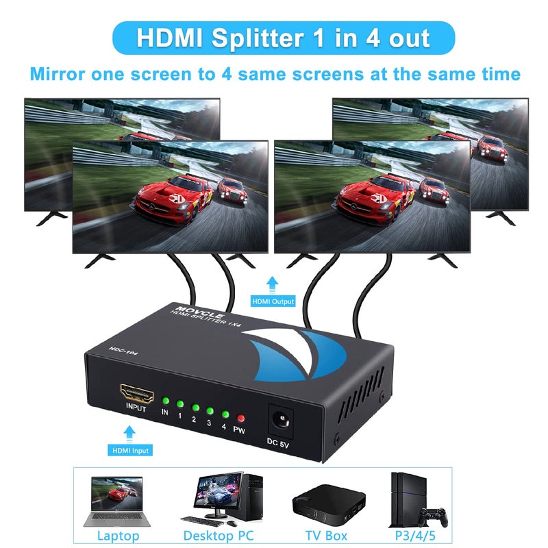 Movcle HDMI Splitter 1 in 4 out Full Ultra HD 1080P 4K/2K 1X4 Port Box Hub with US Adapter v1.4 Powered Certified for 3D Support - Image 2